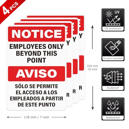 4 Pack Employees Only Beyond This Point Signs Bilingual 10 x 7 Inch - color: Bilingual