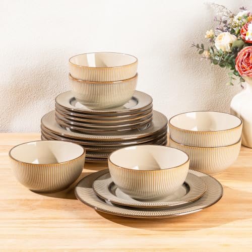 GBHOME Ceramic Dinnerware Sets of 6,18 pcs Plates and Bowls Sets Dishes - color: Pale Khaki, size: Service for 6 (18 pcs)