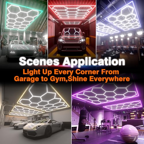 Hexagon Garage Lights, 14 Grids Hexagon LED Lights with Rectangle Frame, 603W 6500K Super Bright Honeycomb Light for Warehouse, Car Detailing Shop, Exhibition Hall, Gym(Blue) - size: 14 HEX+Blue Border