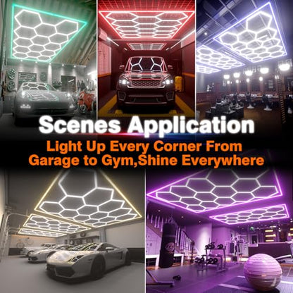 Hexagon Garage Lights, 14 Grids Hexagon LED Lights with Rectangle Frame, 603W 6500K Super Bright Honeycomb Light for Warehouse, Car Detailing Shop, Exhibition Hall, Gym(Blue) - size: 14 HEX+Blue Border
