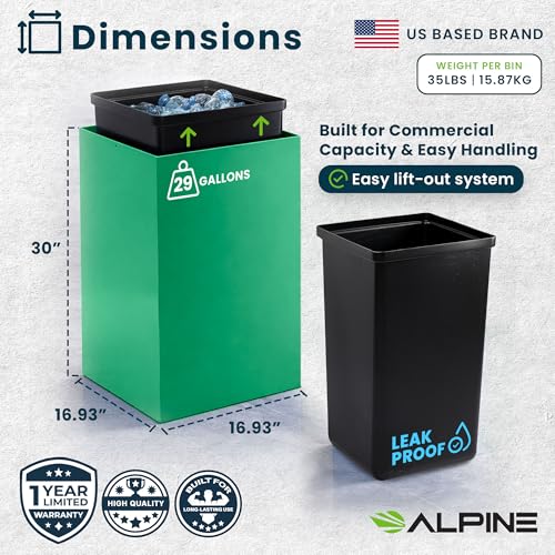 Alpine Commercial Indoor Recycle Bin - 29 Gallon Modern Looking Green Recycle Bin, Office Recycling Bins, Metal Trash and Recycling Container with Stickers & 3 Optional Lids (lid Sold Separately) - color: Green Can
