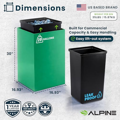Alpine Commercial Indoor Recycle Bin - 29 Gallon Modern Looking Green Recycle Bin, Office Recycling Bins, Metal Trash and Recycling Container with Stickers & 3 Optional Lids (lid Sold Separately) - color: Green Can