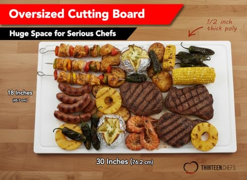 Thirteen Chefs Extra Large 30x18 Inch Cutting Board with Juice Groove - Great for Carving, Fish, Meat and Game – 1/2 Inch Thick White HDPE Plastic, 10 pounds - color: White, size: 30"L x 18"W