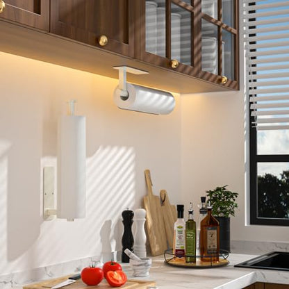 ASTOFLI Paper Towel Holder Under Cabinet No Drilling, Self Adhesive Paper Towel Holder Wall Mount for Kitchen Rack, Under Counter Napin Holder No Drill, RV, 304 Stainless Steel, White - color: White