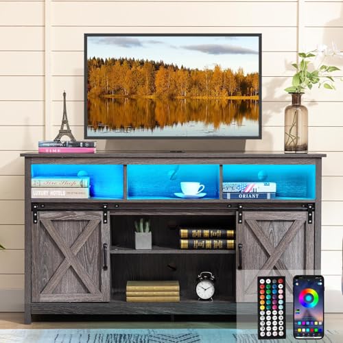 Vinctik 6&Fox 57In Wooden Farmhouse Entertainment Center for 60/65 inch TV,Double Layer Storage Farmhouse TV Stand,Double-Row Sockets with Wood Sliding Barn Door TV Stand(Double Layer Grey Wash) - color: Double Layer Grey Wash, size: 57in
