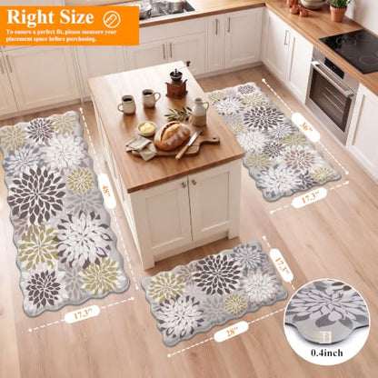 HEBE Anti Fatigue Kitchen Rugs Set of 3, Cushioned Kitchen Mats for Floor - color: Brown/Floral