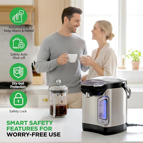 NutriChef Electric Water Boiler and Warmer - 3L/3.17 Qt Stainless Steel Electric Hot Water Dispenser w/Rotating Base, Auto Shut Off, Safety Lock, Instant Heating for Coffee & Tea (NCHUB13) - size: 3.2 Quarts