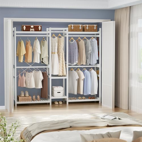 Homykic Bamboo Clothing Rack with 7 Shelves, 5 Hang Rods, 70” Wide, White - color: White, size: III Large