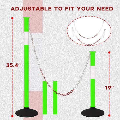 Traffic Delineator Post with Weighted Base & Reflective Collars,Adjustable Parking Cones,Orange Driveway Barrier Stanchion with 4 FT Chains for Traffic Crowd Control（Patented） - size: 4 Pack-Green