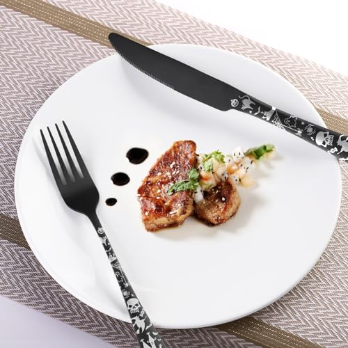 Skull Silverware Set SANLUNS 40 Piece Matte Black Unique Flatware Set for 8,Stainless Steel Fine Dining Utensils Spoons,Forks,Knife Pattern Tableware Durable Cutlery Halloween Home Kitchen,Dishwasher - color: Matte Black-Halloween/40picecs