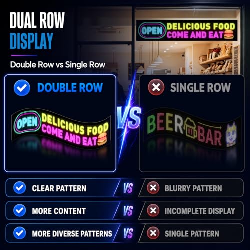 Rayhome Full Color Dual Row Programmable LED Sign, 33''x6.3'' Flexible P5 USB Bluetooth APP Control LED Signs Custom Text Message Pattern Scrolling LED Display for Store Bar Hotel School. - size: 33 x 6.3 inches