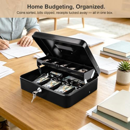 Cash Box with Money Tray and Key Lock,Safe Box for Cash Saving Key Lock Money Organizer,Cash Drawer, 11.8" x 9.5" x 3.5", K-Black - color: K-Black