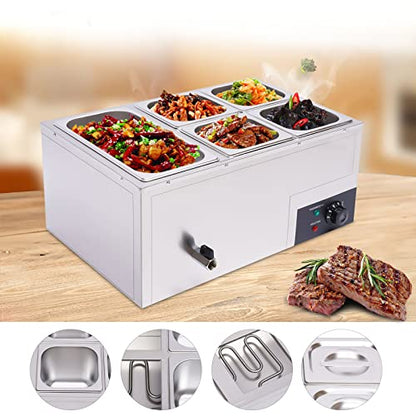 5 Pan Commercial Food Warmer Countertop with Lids, Electric Food Warmer Steam Table, 600W Professional Buffet Servers and Warmers Stainless Steel Buffet Bain Marie with 86-185°F Temp Control - color: 5 Pan