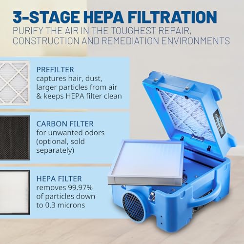 BlueDri Air Shield 550 HEPA Air Scrubber, Water Damage Restoration Equipment Air Purifier, Covers 1400 Sq. Ft, Daisy Chain Capable, For Commercial Use, Blue, BD-AS-550 - color: Blue