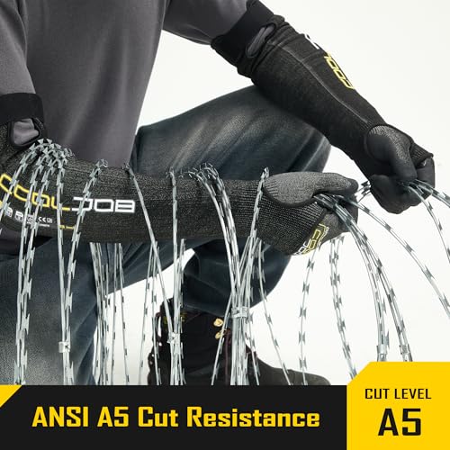 COOLJOB A5 Cut Resistant Touchscreen Work Gloves and Adjustable Arm Sleeves, No Glass Fiber&Steel, Construction, Gardening - size: X-Large