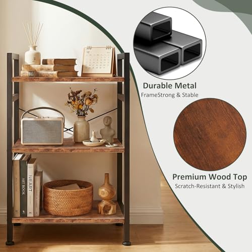 3 Tier Bookshelf, Free Standing Bookcase with Open Storage Shelves - color: Rustic Brown, size: 3 Tier