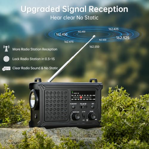 NOAA Emergency Weather Radio, 12000mAh Portable AM/FM, Hand Crank & Solar - color: Black