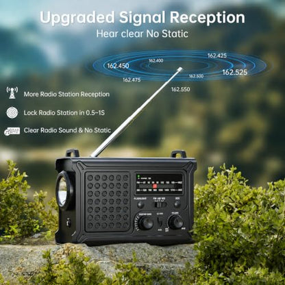 NOAA Emergency Weather Radio, 12000mAh Portable AM/FM, Hand Crank & Solar - color: Black