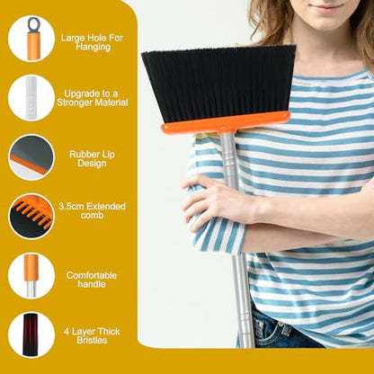 Broom and Dustpan Set with 54 Inch Long Handle - Perfect Dust Pan and Brush Combo for Home Efficient Cleaning (Orange and Grey) - color: Orange and Grey