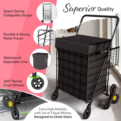 Our Modern Space Stairs Climbing Shopping Cart w/Waterproof Basket Liner & 360° Swivel Wheels | Foldable Collapsible & Lightweight | Perfect for Groceries Laundry Utility Cart - Black - color: Black