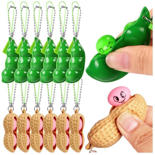 12 PCS Squeeze Bean Peanuts Keychain, Pea Peanut Keychain Fidget Toys, Soybeans Peanuts Sensory Fidget Toys Gifts for Stress Relief, Keyring, Decoration, Party Toys Supplies