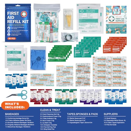 SuccorWare 90 Pieces First Aid Refill Kit - Wound Care Kit Includes Bandages for Home, Travel, Hiking - Portable Replacement Kit for First Aid Medical Supplies（2 Set）