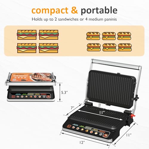 1600W Electric Indoor Grill Panini Press with 8 Preset Menu - size: Large