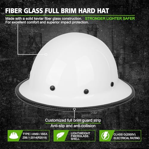 GREEN DEVIL Fiberglass Full Brim Hard Hat OSHA & ANSI Rated Fiber Hardhat for Men with Brim Guard - color: White