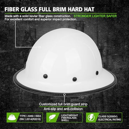 GREEN DEVIL Fiberglass Full Brim Hard Hat OSHA & ANSI Rated Fiber Hardhat for Men with Brim Guard - color: White