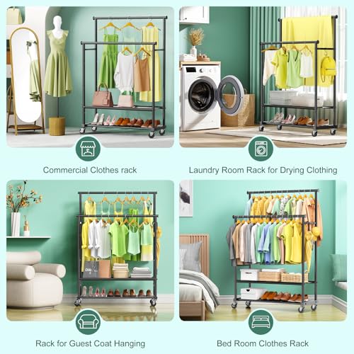 Double Rods Clothes Rack for Hanging Clothes, Heavy Duty Rolling Clothing Rack with Wheels, Freestanding Garment Racks with Oxford Bottom Shelf and Mesh Bottom Shelf for Bedroom Laundry Living Room - color: Black