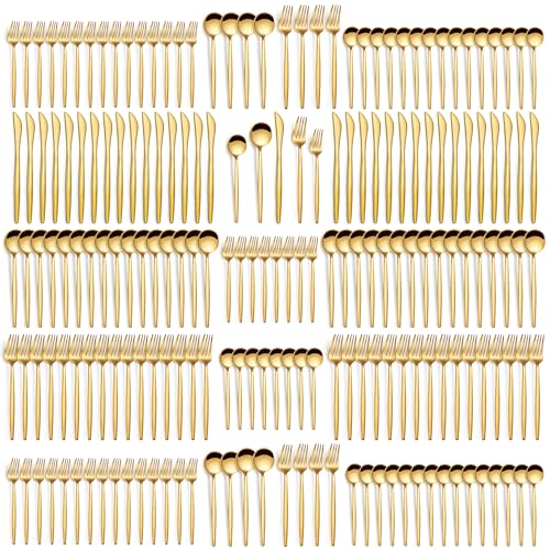 200 Pcs Food Grade Gold Silverware Set, Stainless Steel Cutlery Utensil Set, Mirror Polished Flatware Set for 40 Include Dinner Knife Fork Spoon for Home, Wedding, Restaurant, Dishwasher Safe
