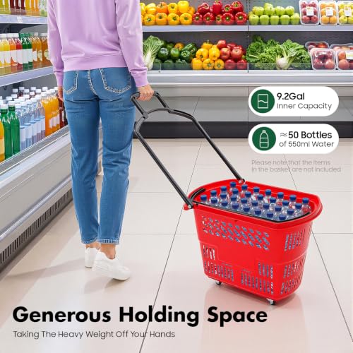 6 PCS Rolling Shopping Basket, 9 Gal Plastic Shopping Carts (Red) - color: Red