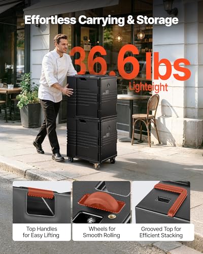 VEVOR Insulated Food Pan Carrier, 95 Qt Non-Electrical Food Warmer, with Wheel & 304 Stainless Steel Latch, LLDPE Stackable Hot Box, for Various Pan Sizes(NOT Included), Fit Catering BBQ Event(Black) - size: 25.6 x 17.7 x 24.4 in
