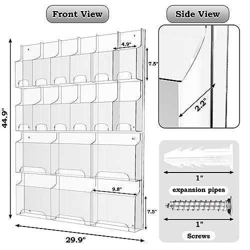 Acrylic Brochure Pamphlet Holder, 6 Magazine Holders and 12 Pamphlet Holders, Clear Brochure Display Holder Wall Mount, Trifold Flyer Rack, Literature Storage Rack for Home, Offices, Waiting Room