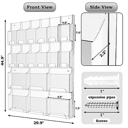 Acrylic Brochure Pamphlet Holder, 6 Magazine Holders and 12 Pamphlet Holders, Clear Brochure Display Holder Wall Mount, Trifold Flyer Rack, Literature Storage Rack for Home, Offices, Waiting Room