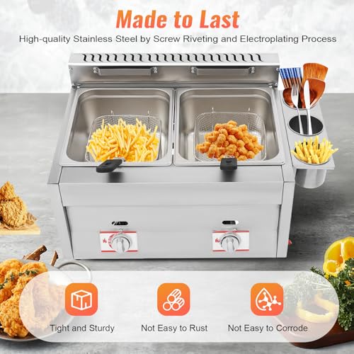 Commercial Gas Deep Fryer 12L Countertop Stainless Steel Dual Tank Kitchen Frying Machine w/2 Removable Baskets & Lid, Double Fryer for French Fries Turkey Donuts Home Kitchen Restaurant