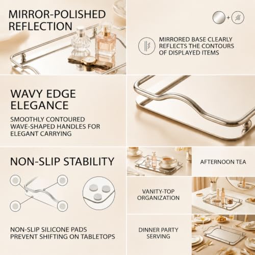Stainless Steel Rectangle Tray, Bathroom Clutter Serving Platter with Handles for Jewelry, Perfume, Vanity, Serving, Reflective Finish