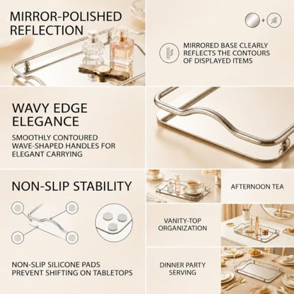 Stainless Steel Rectangle Tray, Bathroom Clutter Serving Platter with Handles for Jewelry, Perfume, Vanity, Serving, Reflective Finish