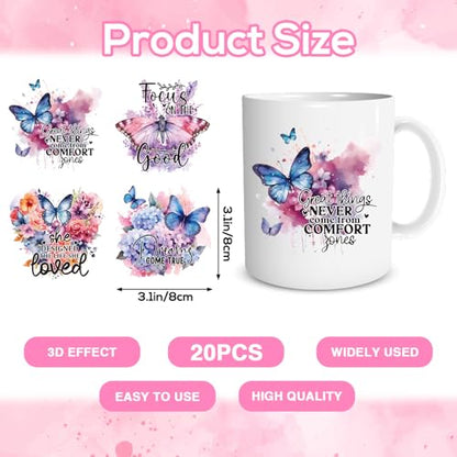 UV DTF Cup Wraps - 20 Sheets Butterfly UVDTF Cup Wraps for 16 OZ Glass, Inspirational Affirmative Quotes UV DTF Transfer Stickers, Waterproof Rub on Transfer Decals for Water Bottles Mugs - style: Butterfly Inspirational
