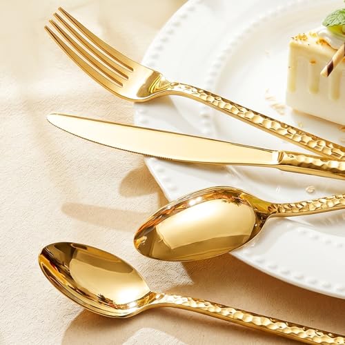 40 Piece Gold Silverware Set, 18/10 Stainless Steel Hammered Flatware for 8 - color: Gold, size: 40-Piece
