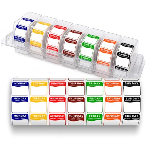 Date Stickers for Food, 7000 Pcs 1" Removable Day of the Week Food Labels in English/Español/Français with Dispenser, Monday-Sunday Date Stickers for Restaurant Kitchen Containers - color: Dispenser Set Square