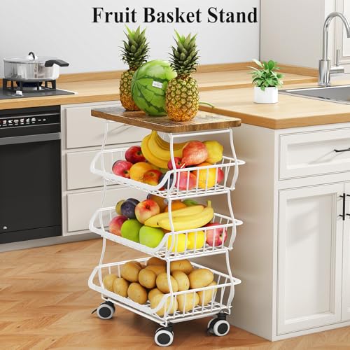 SAYZH 4-Tier Fruit and Vegetable Basket Stand for Kitchen, Wood Top, White - color: White, size: 4 Tiers