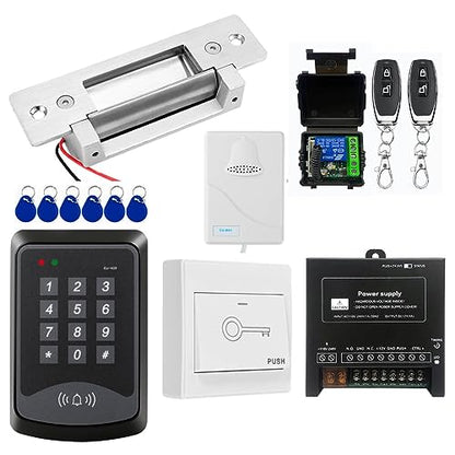 Door Access Control System RFID Keypad Electric Strike Lock Kit with Exit Button Doorbell Chime Remote Control