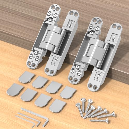 Hidden Door Hinges, 2 Pack 6 inch, 3 Way Adjustable 180° Concealed Hinge - color: Silver, size: 6 Inch