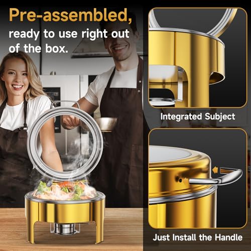 Chafing Dishes for Buffet, 6QT Round Stainless Steel Chafing Dish with Transparent Hydraulic Lid, 304 Food Pan, Buffet Warmer for Parties and Events (Golden) - color: Golden