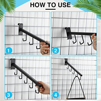 Therwen 4 Pcs Gridwall Waterfall Hangers with 5 Hooks Metal Gridwall Accessories 16.5 Inch Square Tubing Straight Arm Garment Hook for Home Shop Retail Clothing Display(Black)