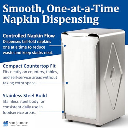 San Jamar H900X Tall Fold Restaurant Style Napkin Dispenser, 7-1/2" x 3-3/4", 150 Capacity, Satin Stainless