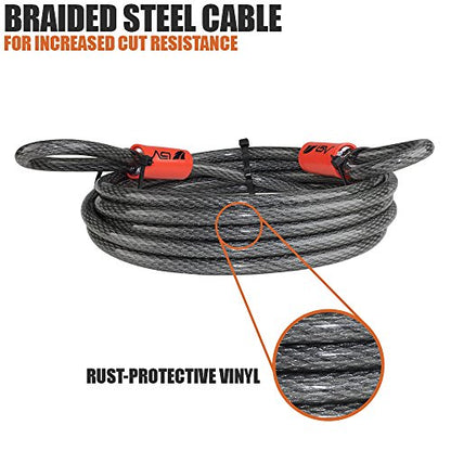 BV Heavy-Duty 30FT Security Cable with Loops-10mm (3/8 Inch) Cut-Resistant Braided Steel Cable-Versatile & Weatherproof-Security Chain for Padlock, Chain Lock, Wire Lock (Pair) - color: Pair, style: 30 FT