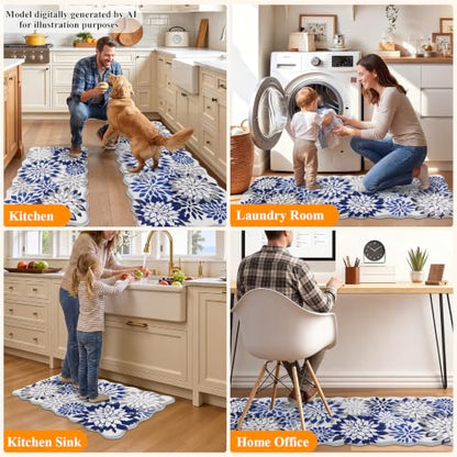 HEBE Anti Fatigue Kitchen Rugs Set of 3, Cushioned Kitchen Mats for Floor - color: Blue/Floral
