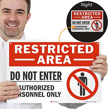 SmartSign 12" x 18" 'Restricted Area Do Not Enter, Authorized Personnel Only' Metal Sign with Symbol, 63 mil Aluminum, 3M Laminated Engineer Grade Reflective, Red, White and Black, USA-Made - style: 12" x 18" - EG Reflective